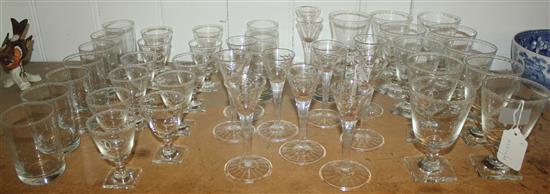 Part suite of monogrammed table glassware, inc square-footed wines & tumblers & 11 foliate-engraved glasses